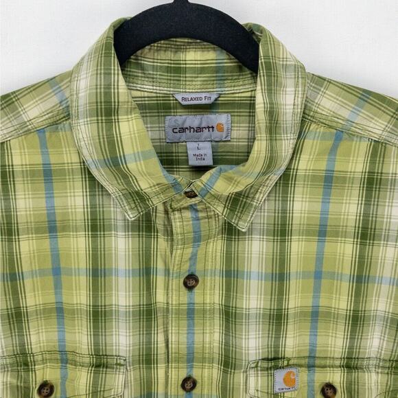 Carhartt Plaid Long Sleeve Men's Large Relaxed Fit Green Blue Button Up Casual - Picture 2 of 12
